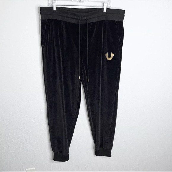 True Religion Jogger Sweatpants Women 2XL Velvet Black Velour High Rise B15 - Picture 1 of 9
